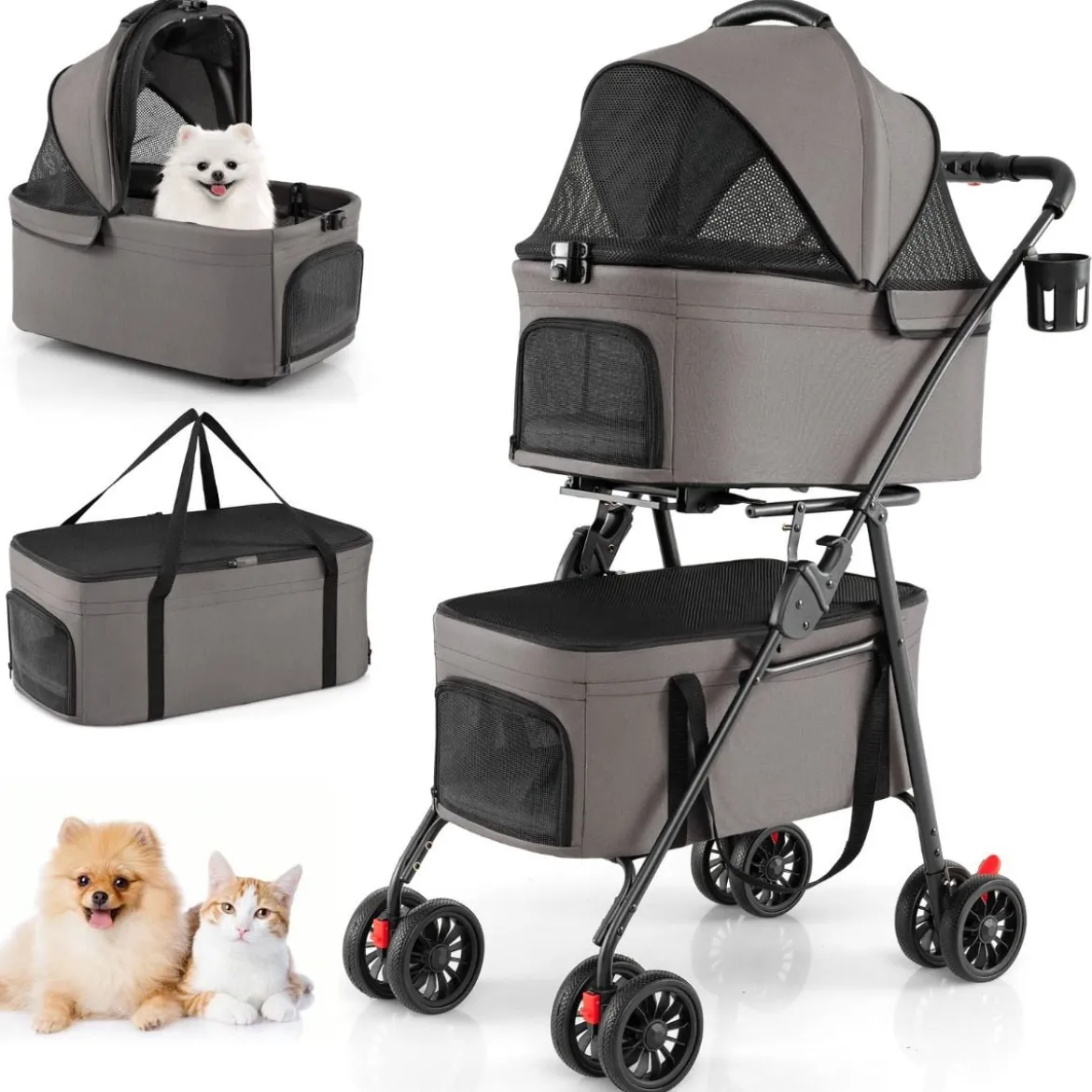 Doppelte Haustierwagen 3 in 1 faltbar Hundewagen mit 2 abnehmbaren Trägern Grau