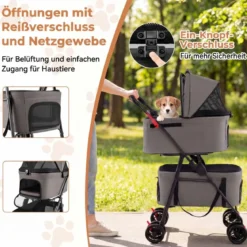 Doppelte Haustierwagen 3 in 1 faltbar Hundewagen mit 2 abnehmbaren Trägern Grau