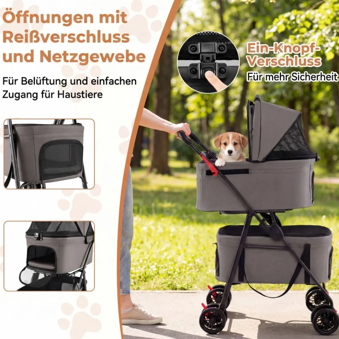 Doppelte Haustierwagen 3 in 1 faltbar Hundewagen mit 2 abnehmbaren Trägern Grau