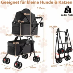 Doppelte Haustierwagen 3 in 1 faltbar Hundewagen mit 2 abnehmbaren Trägern Schwarz