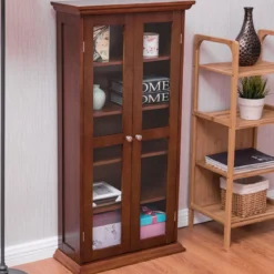 Doppeltüriger Medienschrank Wohnzimmerregal aus Holz mit Türen 56 x 24 x 113 cm Braun