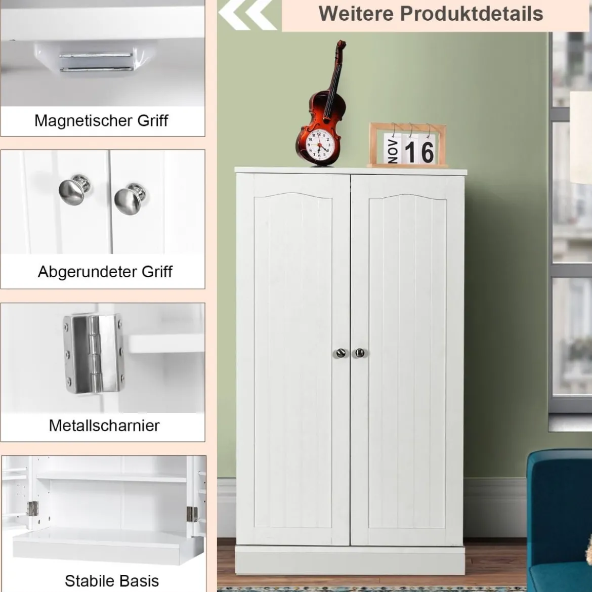 Doppeltüriger Vorratsschrank mit 6 verstellbaren Einlegeböden 59 x 30,5 x 103,5 cm Weiß