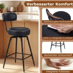 Drehbare Barhocker Set mit 2 Stück moderne Barhöhe Stühle mit gepolsterter Rückenlehne Schwarz