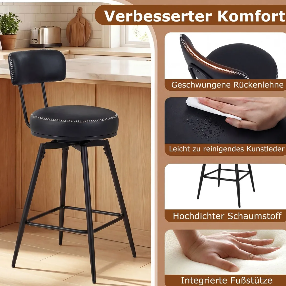 Drehbare Barhocker Set mit 2 Stück moderne Barhöhe Stühle mit gepolsterter Rückenlehne Schwarz