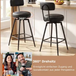 Drehbare Barhocker Set mit 2 Stück moderne Barhöhe Stühle mit gepolsterter Rückenlehne Schwarz