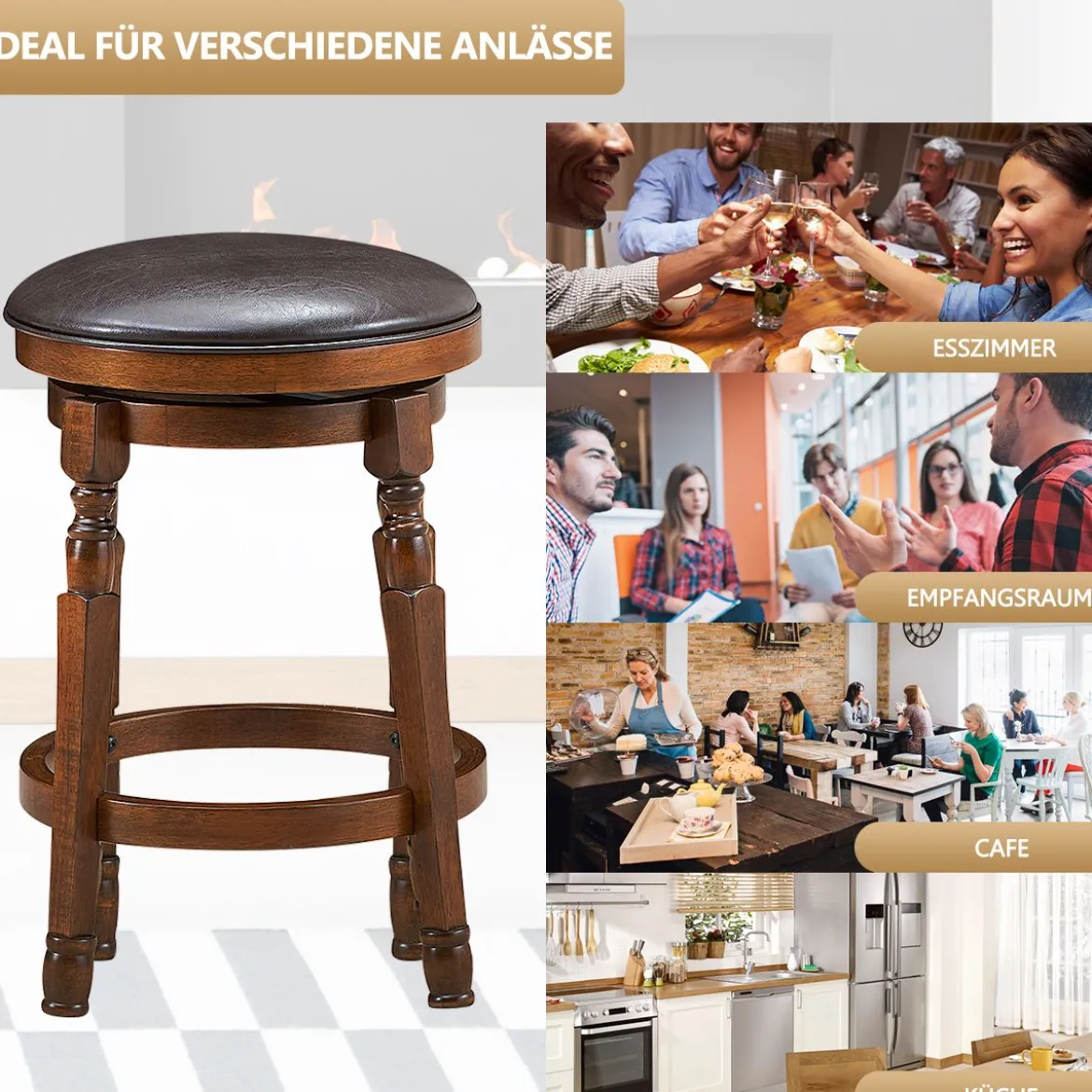 Drehbarer Barhocker 2er Set mit um 360° drehbarem Sitz Retro Barstuhl mit Fußstütze Walnussbraun