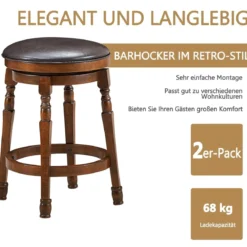 Drehbarer Barhocker 2er Set mit um 360° drehbarem Sitz Retro Barstuhl mit Fußstütze Walnussbraun