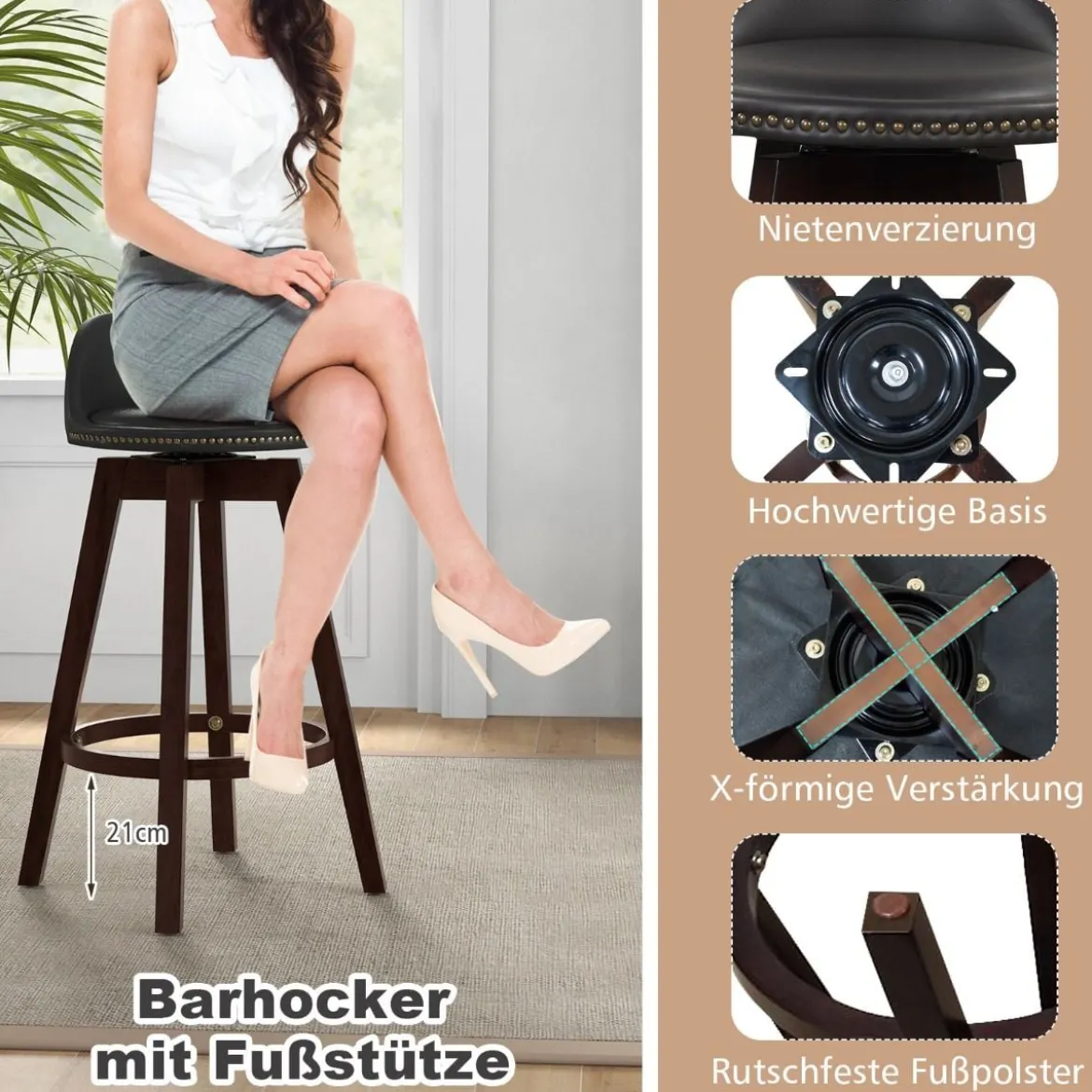Drehbarer Barhocker im 2er-Set Barstuhl aus PVC-Leder mit Niedriger Rückenlehn 42 x 45 x 87 cm