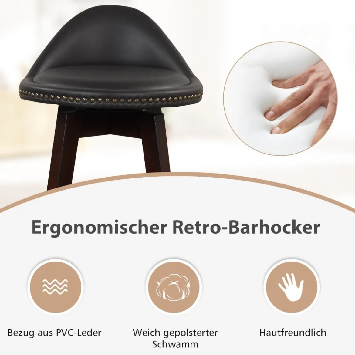 Drehbarer Barhocker im 2er-Set Barstuhl aus PVC-Leder mit Niedriger Rückenlehn 42 x 45 x 87 cm