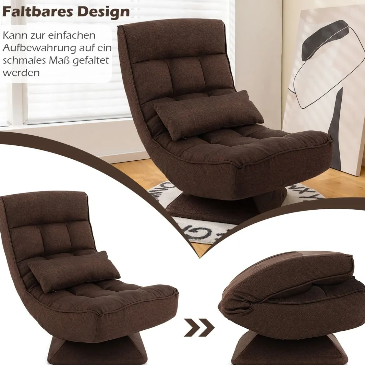 360° Drehbarer Bodensessel mit Rückenlehne & Lendenkissen Bodenstuhl Lazy Sofa