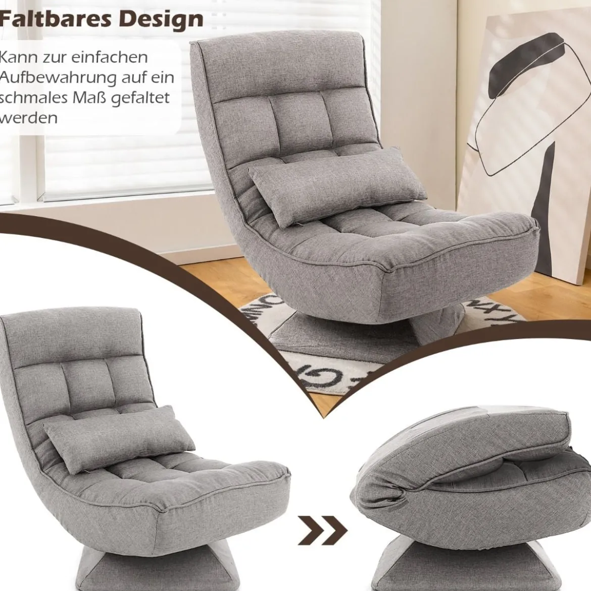 360° Drehbarer Bodensessel mit Rückenlehne & Lendenkissen Bodenstuhl Lazy Sofa