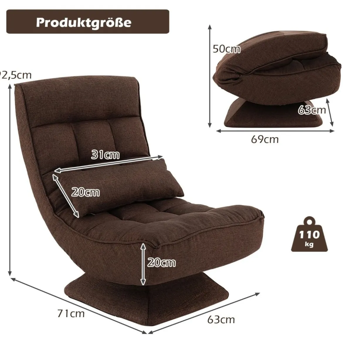 360° Drehbarer Bodensessel mit Rückenlehne & Lendenkissen Bodenstuhl Lazy Sofa