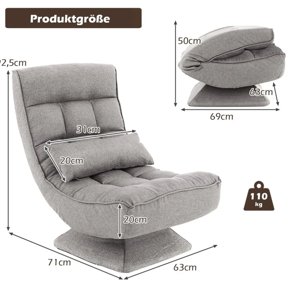 360° Drehbarer Bodensessel mit Rückenlehne & Lendenkissen Bodenstuhl Lazy Sofa