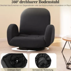 Drehbarer Bodenstuhl klappbarer Gaming-Stuhl mit verstellbarer Rückenlehne und Armlehnen Schwarz