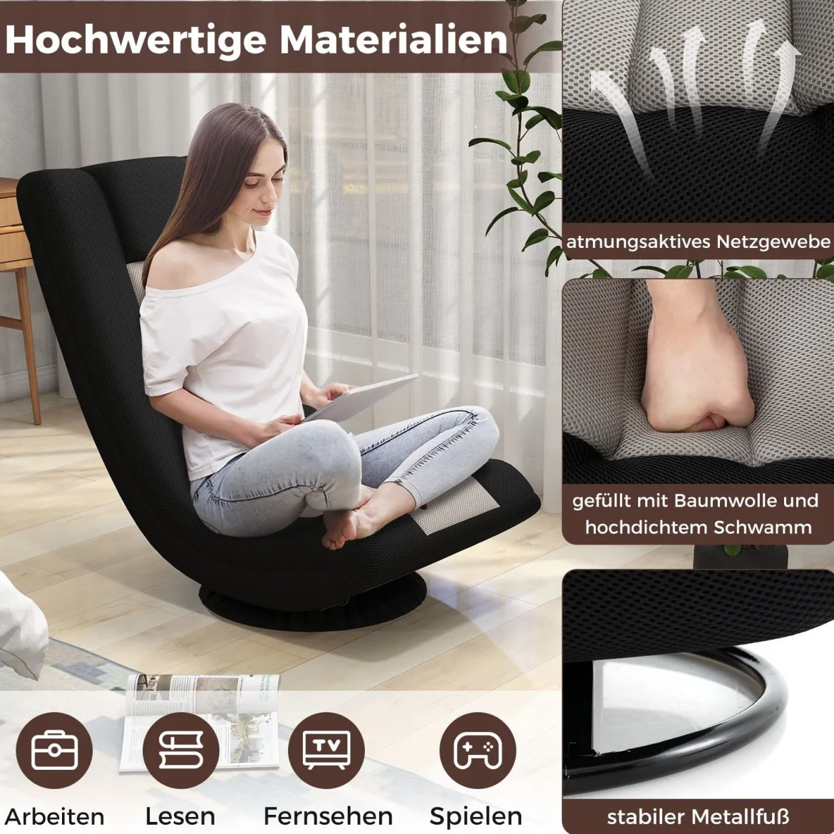 360° Drehbarer Bodenstuhl mit Verstellbarer Rückenlehne klappbares Bondensofa Grau