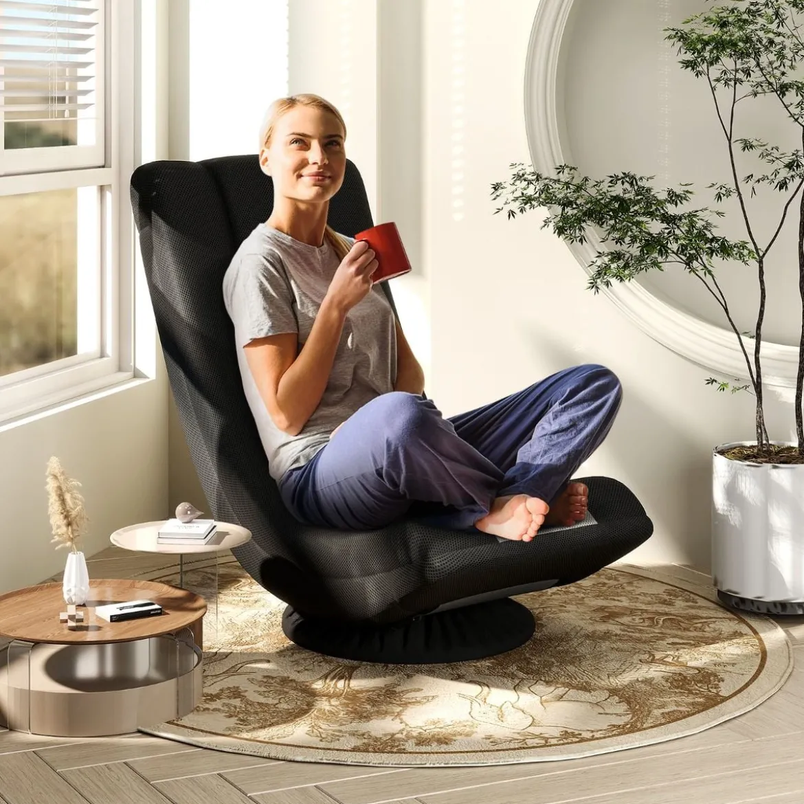 360° Drehbarer Bodenstuhl mit Verstellbarer Rückenlehne klappbares Bondensofa Grau