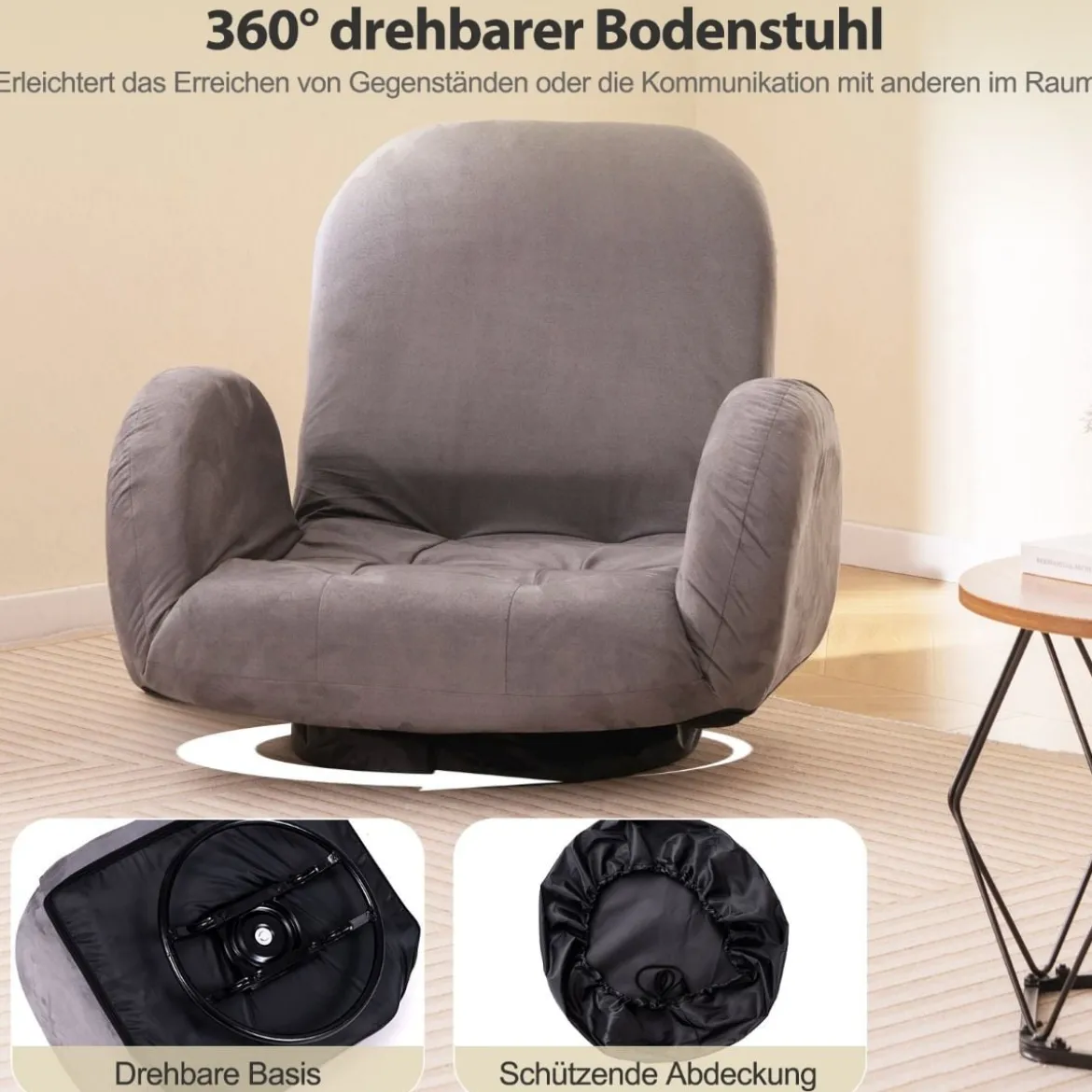 Drehbarer Bodenstuhl mit Verstellbarer Rückenlehne & Armlehnen Bondensofa klappbar Grau