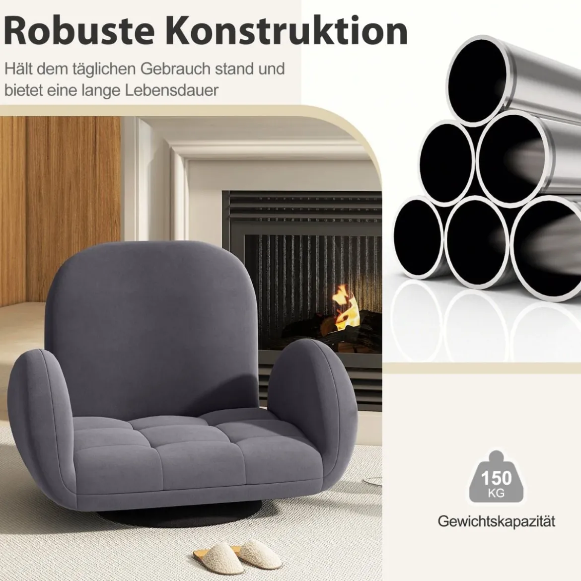 Drehbarer Bodenstuhl mit Verstellbarer Rückenlehne & Armlehnen Bondensofa klappbar Grau