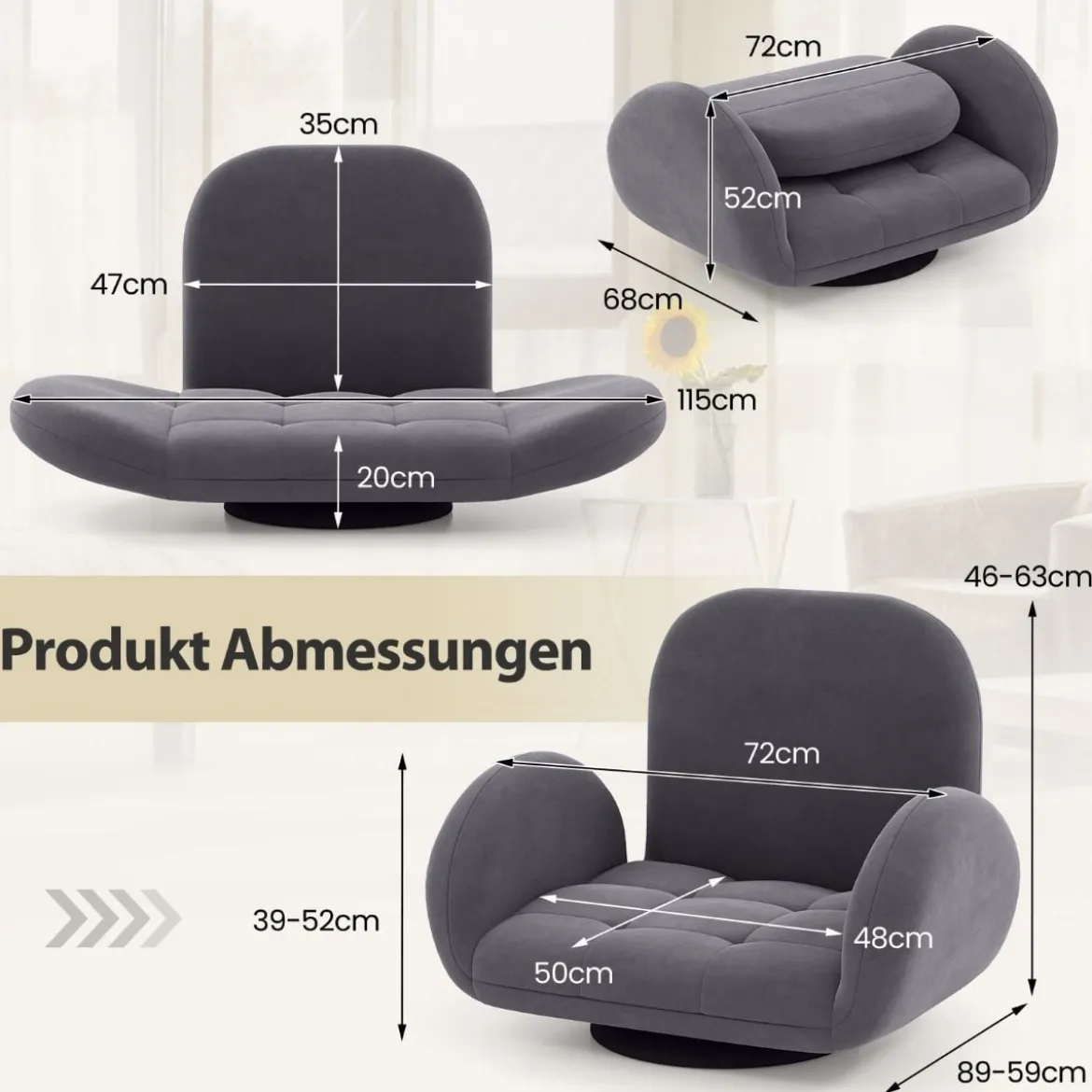 Drehbarer Bodenstuhl mit Verstellbarer Rückenlehne & Armlehnen Bondensofa klappbar Grau
