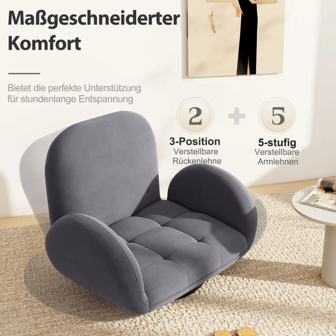 Drehbarer Bodenstuhl mit Verstellbarer Rückenlehne & Armlehnen Bondensofa klappbar Grau