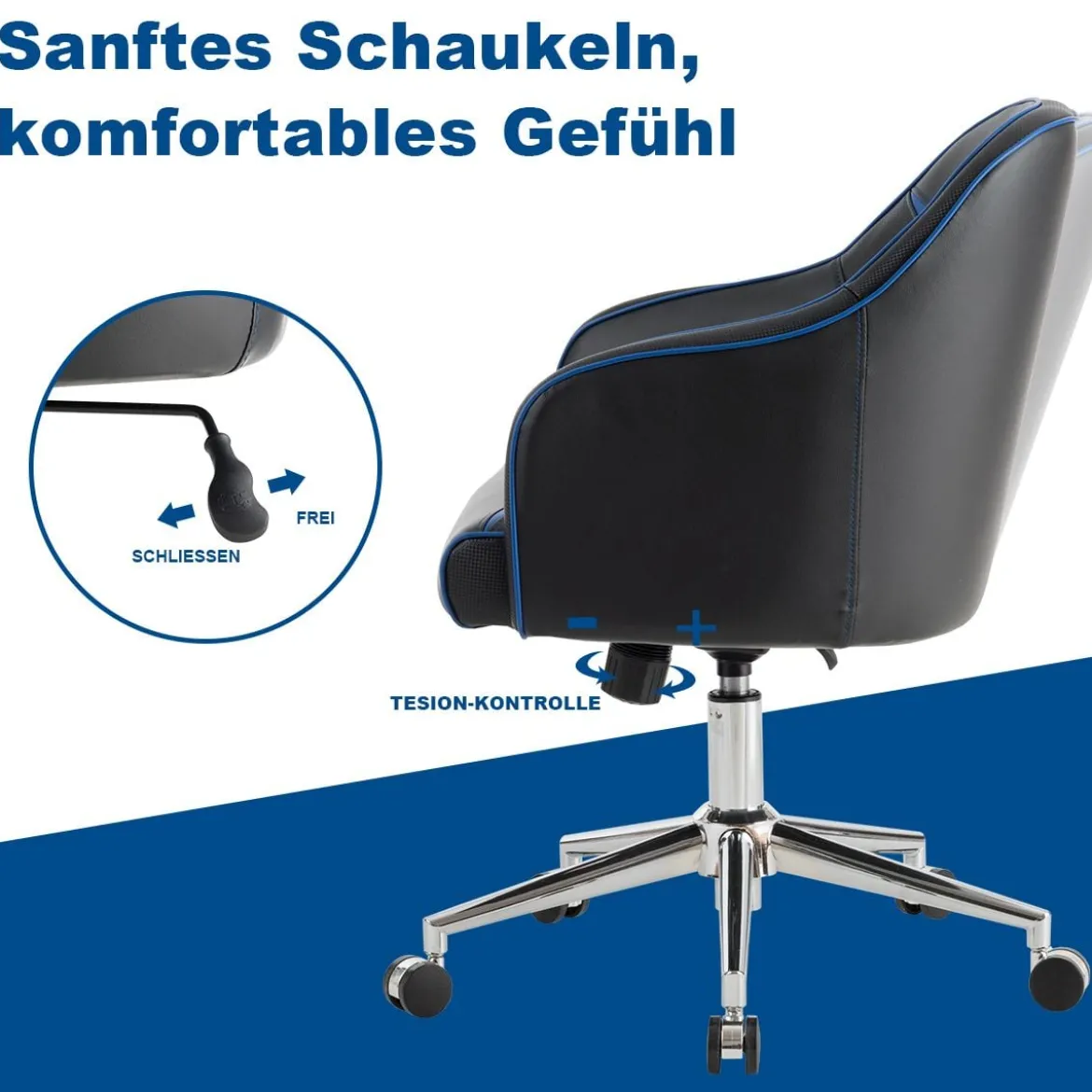 Drehbarer Bürosessel mit Verstellbarer Höhe & Neigungswinkel Blau + Schwarz