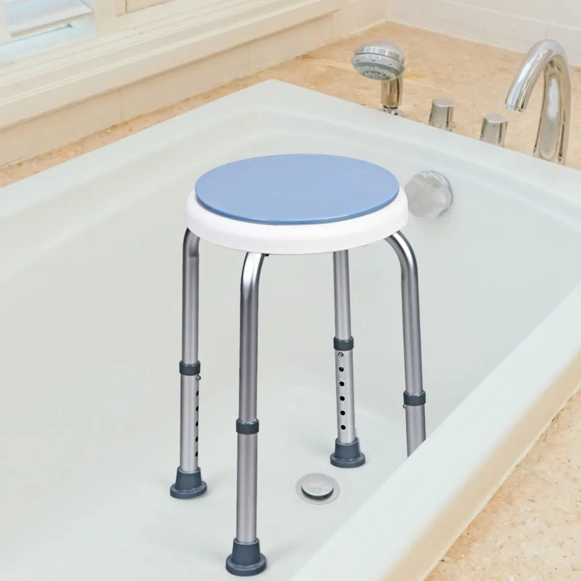 360° Drehbarer Duschhocker Höhenverstellbarer Duschstuhl Alu Badehocker Duschsitz Blau