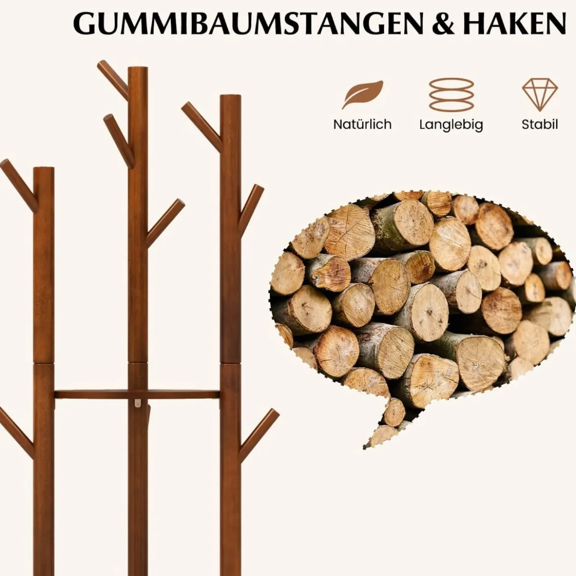 Drehbarer Garderobenständer Holz Mantelständer mit 3 Ablagefächern & 9 Haken für Mäntel 42 x 167 cm Walnuss