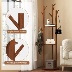 Drehbarer Garderobenständer Holz Mantelständer mit 3 Ablagefächern & 9 Haken für Mäntel 42 x 167 cm Walnuss