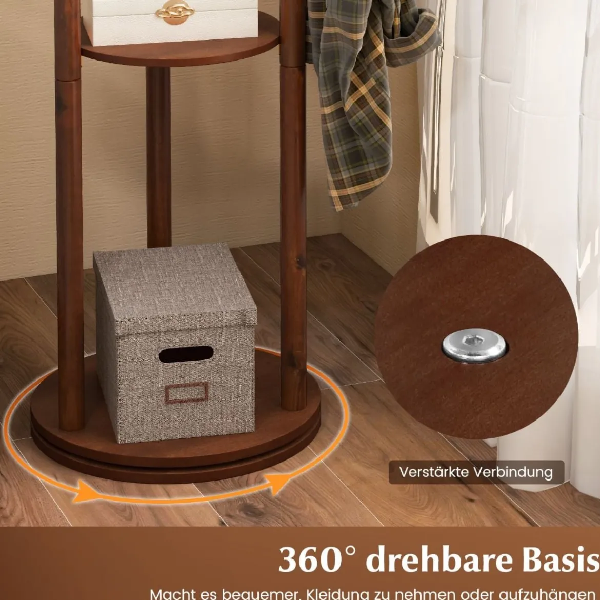Drehbarer Garderobenständer Holz Mantelständer mit 3 Ablagefächern & 9 Haken für Mäntel 42 x 167 cm Walnuss