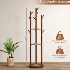 Drehbarer Garderobenständer Holz Mantelständer mit 3 Ablagefächern & 9 Haken für Mäntel 42 x 167 cm Walnuss