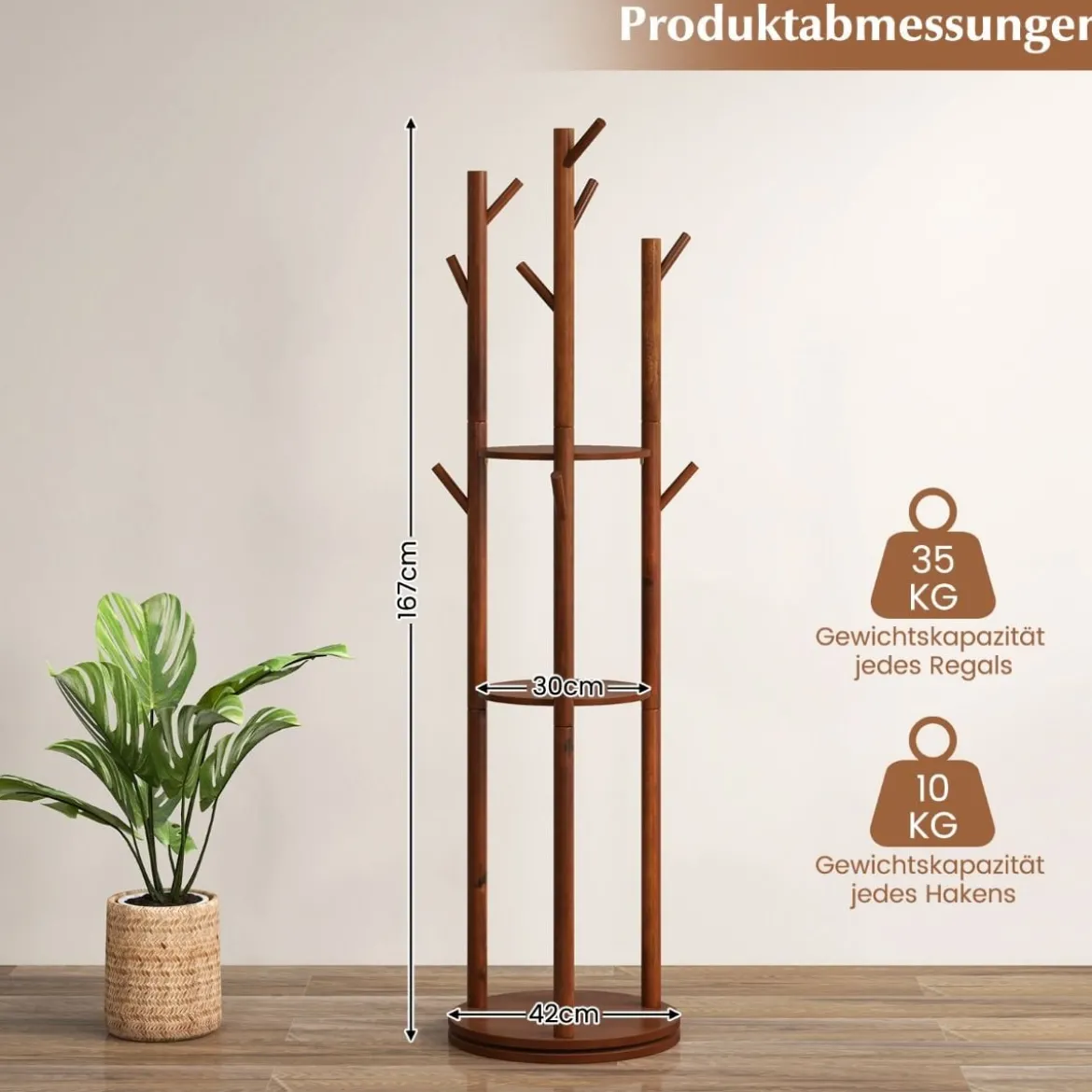 Drehbarer Garderobenständer Holz Mantelständer mit 3 Ablagefächern & 9 Haken für Mäntel 42 x 167 cm Walnuss