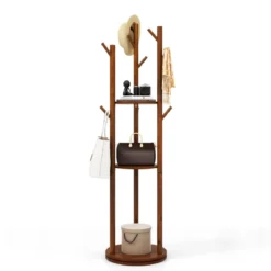 Drehbarer Garderobenständer Holz Mantelständer mit 3 Ablagefächern & 9 Haken für Mäntel 42 x 167 cm Walnuss