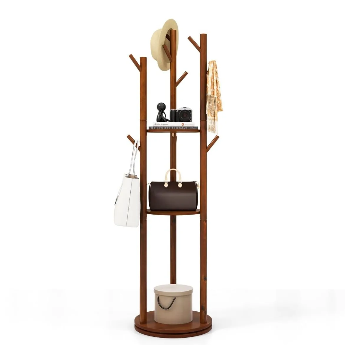 Drehbarer Garderobenständer Holz Mantelständer mit 3 Ablagefächern & 9 Haken für Mäntel 42 x 167 cm Walnuss