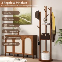 Drehbarer Garderobenständer Holz Mantelständer mit 3 Ablagefächern & 9 Haken für Mäntel 42 x 167 cm Walnuss