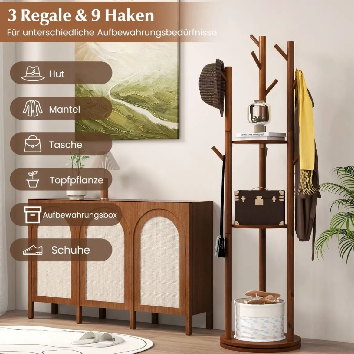 Drehbarer Garderobenständer Holz Mantelständer mit 3 Ablagefächern & 9 Haken für Mäntel 42 x 167 cm Walnuss