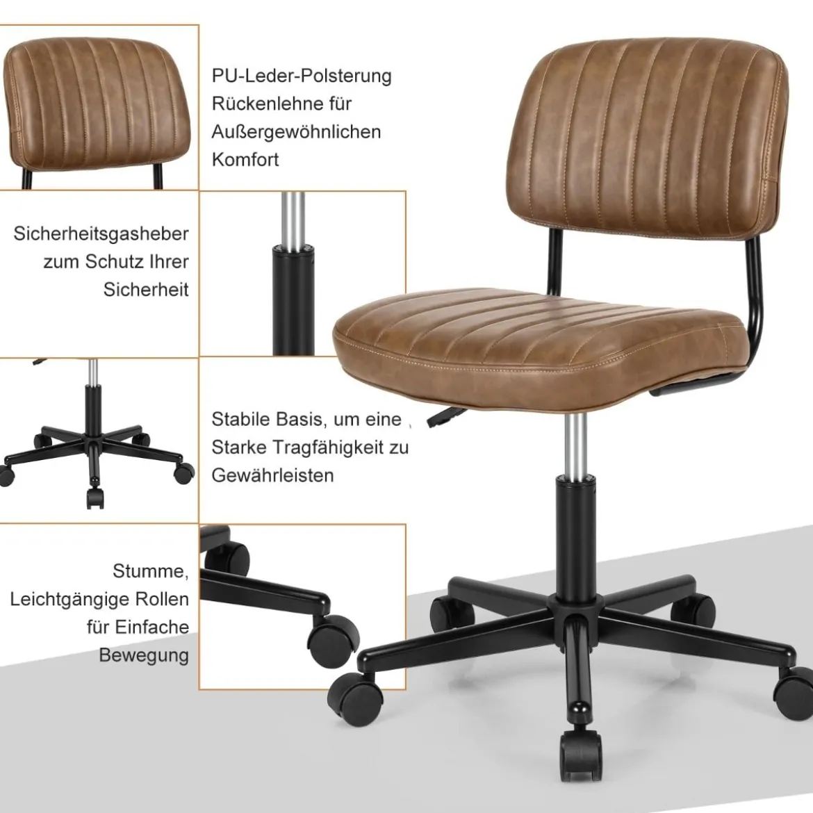 Drehbarer Home Office Stuhl aus Kunstleder ohne Armlehnen auf Rädern Braun