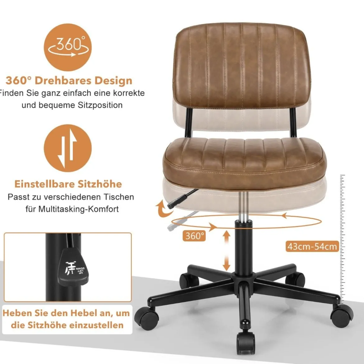 Drehbarer Home Office Stuhl aus Kunstleder ohne Armlehnen auf Rädern Braun