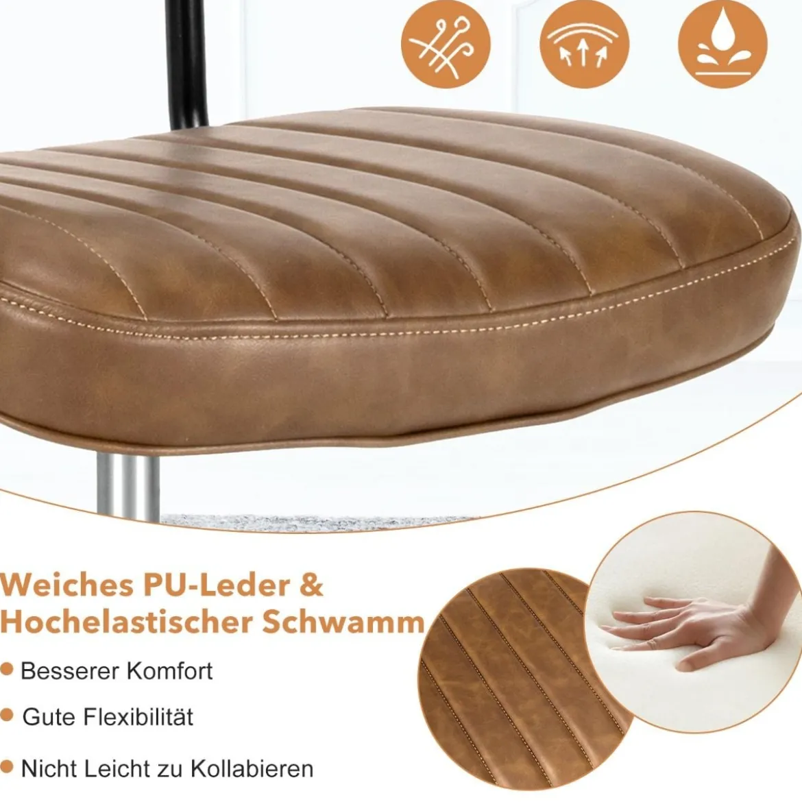 Drehbarer Home Office Stuhl aus Kunstleder ohne Armlehnen auf Rädern Braun