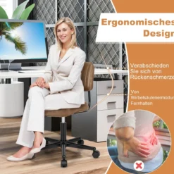 Drehbarer Home Office Stuhl aus Kunstleder ohne Armlehnen auf Rädern Braun