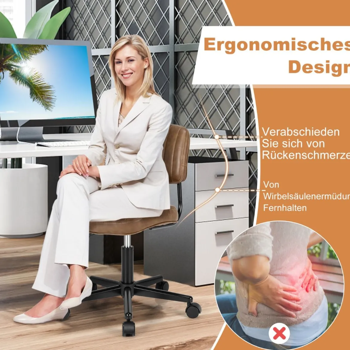 Drehbarer Home Office Stuhl aus Kunstleder ohne Armlehnen auf Rädern Braun