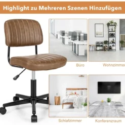 Drehbarer Home Office Stuhl aus Kunstleder ohne Armlehnen auf Rädern Braun