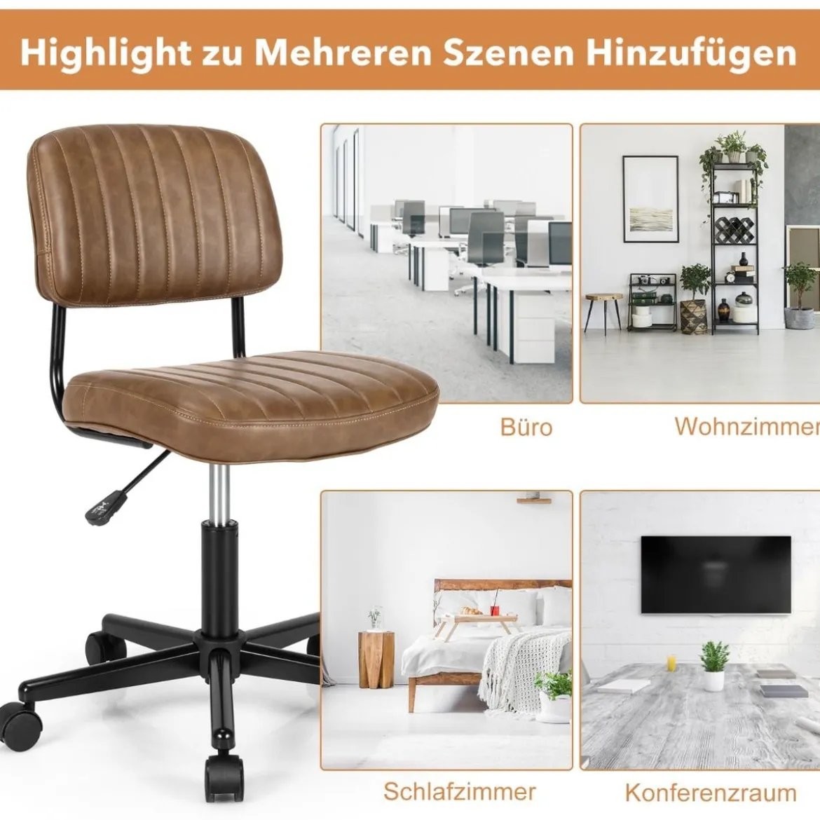 Drehbarer Home Office Stuhl aus Kunstleder ohne Armlehnen auf Rädern Braun