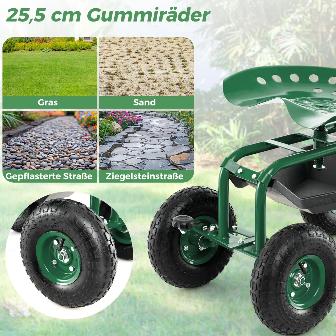 360 ° drehbarer Rollsitz Höhenverstellbar Mobiler Gartensitz mit Ablage & Korb Grün