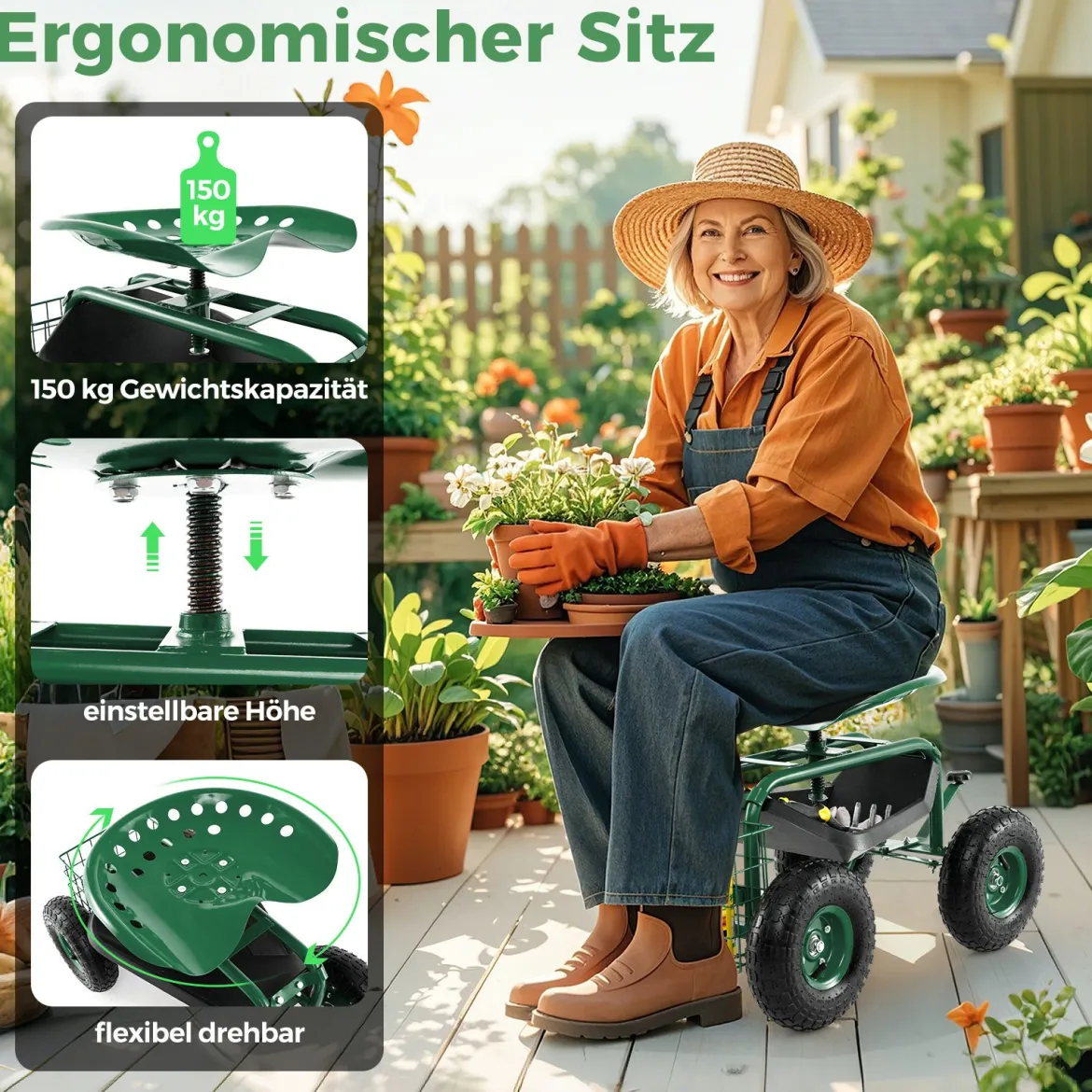 360 ° drehbarer Rollsitz Höhenverstellbar Mobiler Gartensitz mit Ablage & Korb Grün