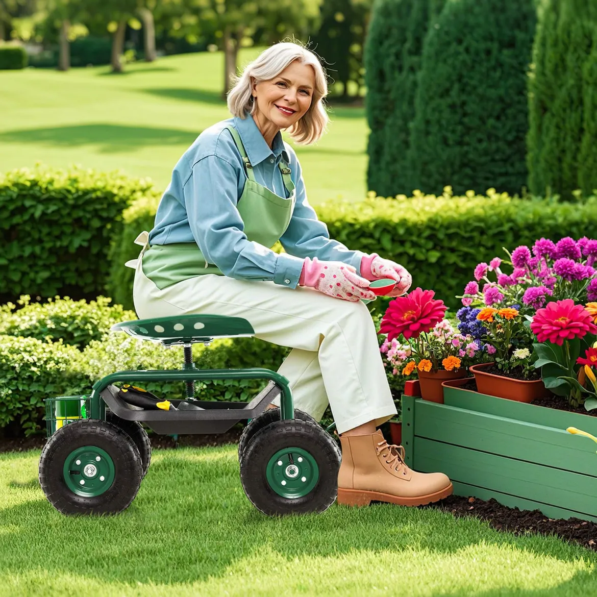 360 ° drehbarer Rollsitz Höhenverstellbar Mobiler Gartensitz mit Ablage & Korb Grün
