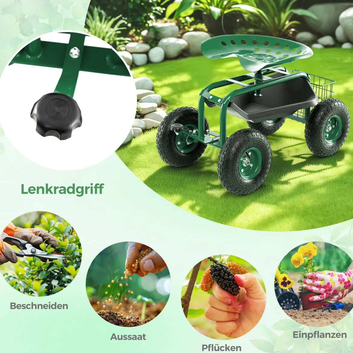 360 ° drehbarer Rollsitz Höhenverstellbar Mobiler Gartensitz mit Ablage & Korb Grün