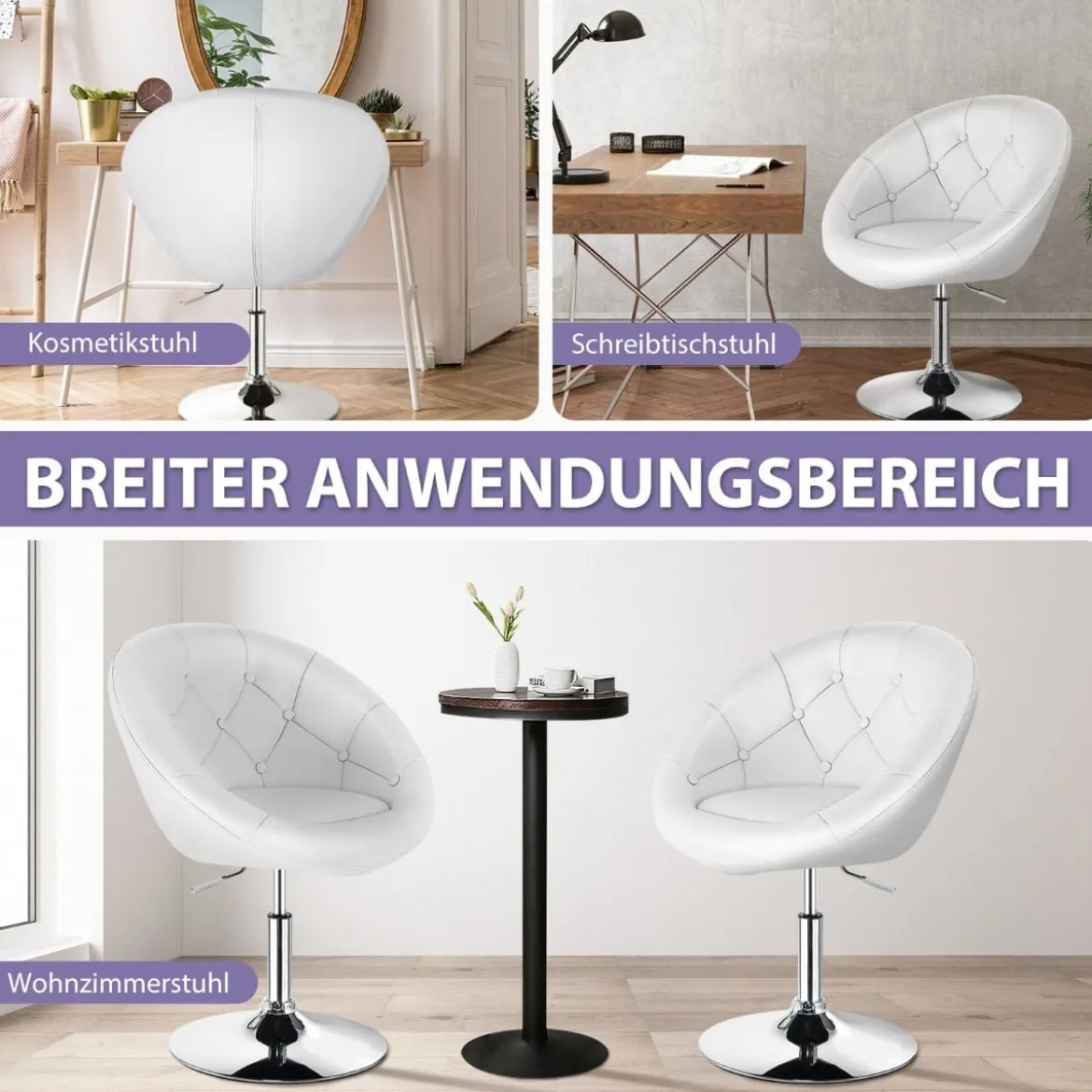 Drehbarer Runder Stuhl mit Getufteter Rückenlehne & Kunstleder & Verchromter Basis Schminkstuhl Weiß