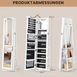 360° Drehbarer Schmuckschrank mit Ganzkörperspiegel Schmuckorganisator Weiß