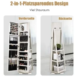 360° Drehbarer Schmuckschrank mit Ganzkörperspiegel Spiegelschrank mit Schmuckaufbewahrung