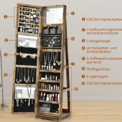 360° Drehbarer Schmuckschrank mit Ganzkörperspiegel Spiegelschrank mit Schmuckaufbewahrung